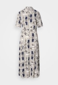Robe midi à manches courtes, boutonnée sur le devant, avec un motif géométrique abstrait en noir et blanc sur fond crème.