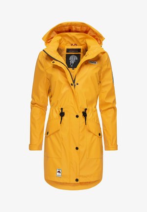 Geltona vandeniui atspari parka su raišteliu liemenyje, mygtukų uždarymu, dviem priekinėmis kišenėmis ir vilna pamuštu interjeru bei nuimamu kapišonu.