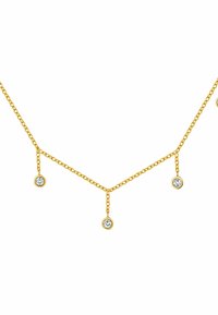 Collar de cadena de oro con tres colgantes que tienen piedras preciosas claras en forma circular, diseñado con eslabones entrelazados y un acabado suave.
