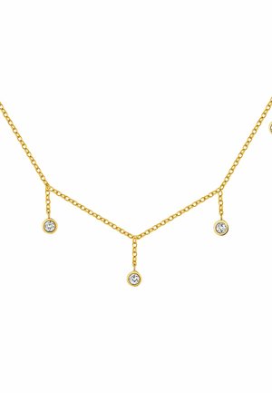 Collar de cadena de oro con tres colgantes que tienen piedras preciosas claras en forma circular, diseñado con eslabones entrelazados y un acabado suave.