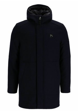 Marineblauer langer Mantel mit hohem Kragen, ausgestattet mit einem Reißverschluss vorne, zwei vorderen Taschen und einem strukturierten Stoff. Akzent-Logo auf der linken Brust.