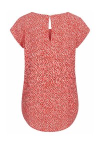 Blouse rouge à motif floral, à manches courtes et avec une ouverture en forme de serrure au dos. Tissu lisse avec un ourlet légèrement arrondi.