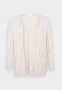Cream-colored cardigan with an open front, long sleeves, and two front pockets. Made from soft knit fabric with ribbed cuffs.