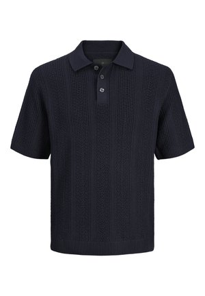 Tricou polo bleumarin cu mâneci scurte, tricotat, cu trei nasturi și guler, manșete și tiv striați.