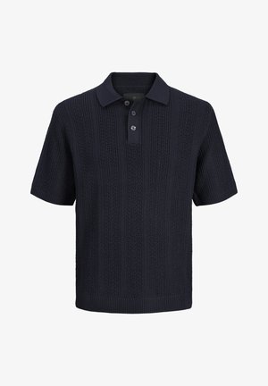Tricou polo bleumarin cu mâneci scurte, tricotat, cu trei nasturi și guler, manșete și tiv striați.
