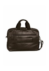 Borsa per laptop in pelle nera con due manici, una tracolla removibile e due tasche esterne con zip. Superficie testurizzata e design elegante.