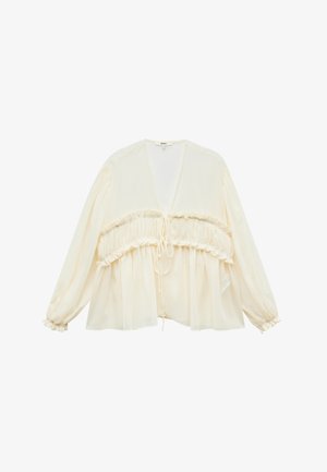 Crèmekleurige blouse met lange, opgezette mouwen, geplooide taille en een striksluiting aan de voorkant. Doorzichtige textuur en een ontspannen silhouet.