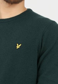 Maglione lavorato a maglia verde scuro con scollatura tonda. Presenta un piccolo logo di un uccello ricamato di colore giallo sul lato sinistro del petto. Texture morbida.