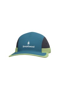 Blue and black cap with green accents and a logo. Features a curved brim and a breathable design, suitable for outdoor activities.