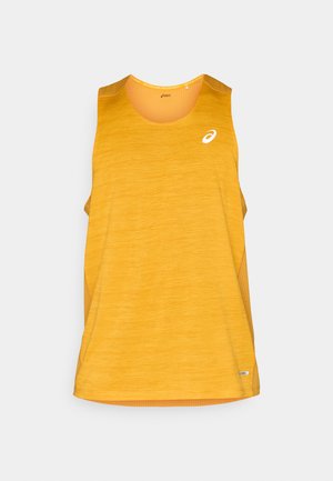Yellow athletic tank top with a textured finish, round neckline, and white logo. Features sleeveless design and ribbed side panels.