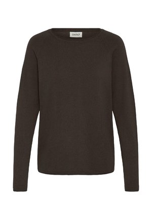 Dunkelbrauner Langarmpullover aus strukturiertem Strickmaterial. Rundhalsausschnitt und lockere Passform mit geradem Saum. Keine sichtbaren Muster oder Akzente.