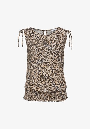 Ärmellose Bluse in einem hellen Tan mit einem schwarzen und braunen abstrakten Muster. Verfügt über verstellbare Bindebänder an den Schultern und einen gerafften Saum.