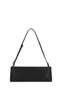 Black leather shoulder bag with a rectangular shape, smooth texture, and slender adjustable strap. Simple design with no visible hardware.