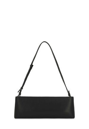 Black leather shoulder bag with a rectangular shape, smooth texture, and slender adjustable strap. Simple design with no visible hardware.