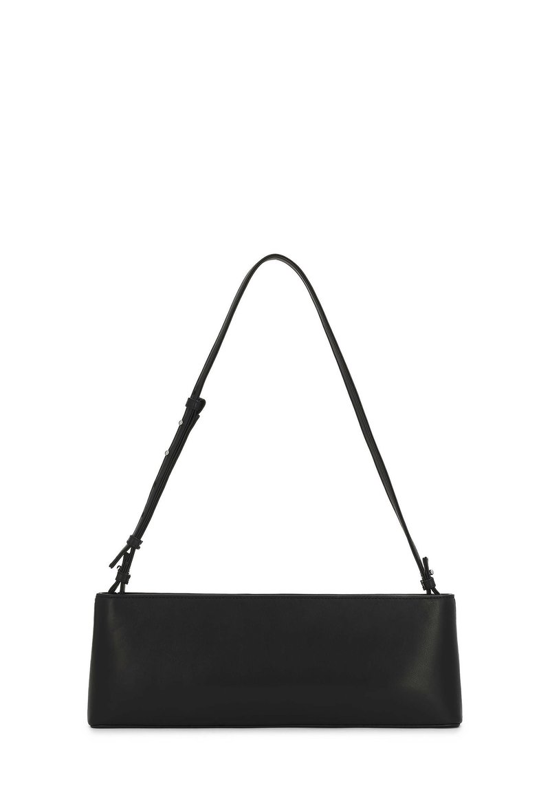 Black leather shoulder bag with a rectangular shape, smooth texture, and slender adjustable strap. Simple design with no visible hardware.
