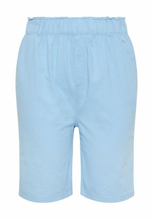 Lyseblå shorts med elastisk talje, forlommer og synlige syninger på hvid baggrund.