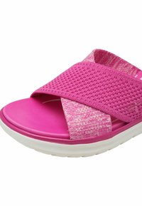 Roze slide-sandalen met een gestructureerde bovenkant en kruisbanden. Voorzien van een effen roze voetbed en een witte, licht gewatteerde zool.