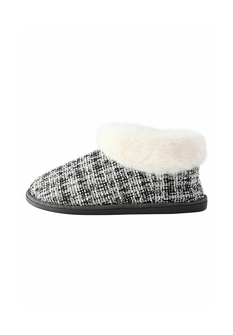 Black and white checkered fabric slipper with a soft, white faux fur cuff and black rubber sole, featuring a rounded toe design.