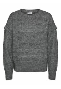 Pull en maille gris foncé avec un col rond et des manches longues, présentant un motif à rayures horizontales subtiles et un léger détail volanté sur le haut des manches.