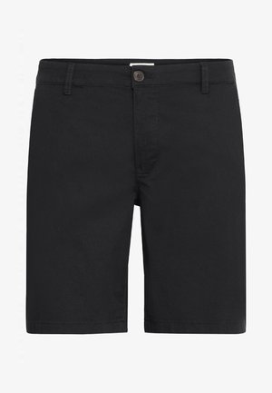 Črne kratke hlače do kolen z gumbom za zapiranje, zankami za pas in sprednjimi žepi, prikazane na beli podlagi.