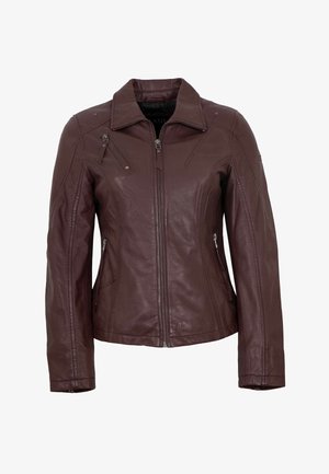 Burgundy leather jacket with a zip front, classic collar, side pockets, and subtle stitching details. Smooth texture with tailored fit.