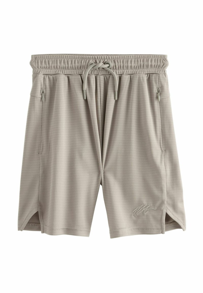 Ch Shorts gris clair pour homme en tissu doux et texturé avec un motif en grille. Dotés d'une taille élastique, d'un cordon de serrage et de zips sur les côtés.