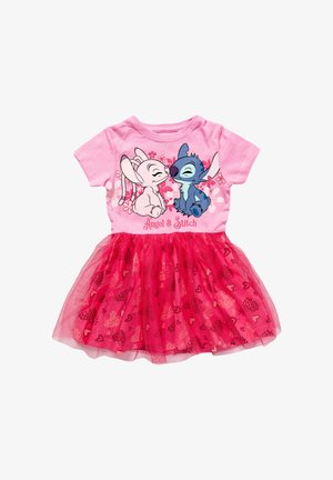 Różowa sukienka z krótkim rękawem i czerwoną tiulową spódnicą, z postaciami z kreskówki Angel i Stitch zwróconymi do siebie twarzami, otoczonymi wzorami kwiatów i serc.