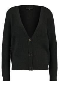 Black knitted cardigan with long sleeves, V-neck, and three large round buttons down the front.