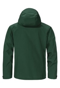 Grüne wasserdichte Jacke mit Kapuze. Hat eine glatte Textur, lange Ärmel und verstellbare Bündchen. Keine sichtbaren Marken oder Muster.