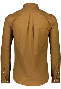 Camicia marrone a maniche lunghe, in tessuto di cotone, design elegante, colletto a punta, dettaglio della piega sul retro, polsini con bottoni, orlo curvo, texture liscia.