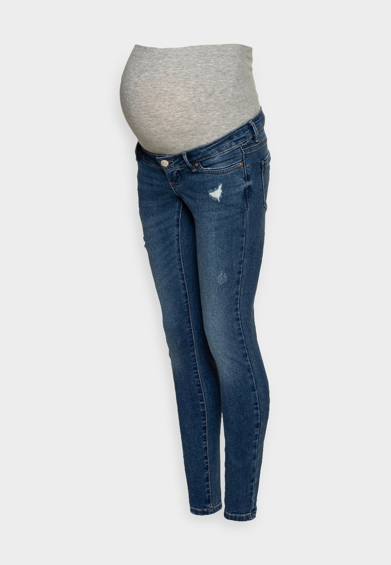 Jeans skinny de maternidad en denim azul oscuro, con un panel elástico gris para soporte, detalles desgastados y un ajuste slim.