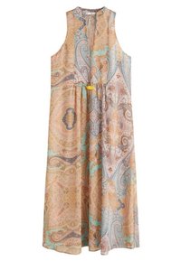 Longue robe sans manches ornée d'un motif cachemire dans des couleurs pastel de pêche, turquoise et beige. Comprend un lien au cou et une taille froncée.