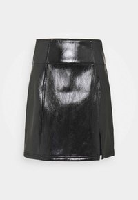 Black mini skirt made of glossy material, featuring a zipper slit on the right side and structured seams. Smooth texture and sleek design.