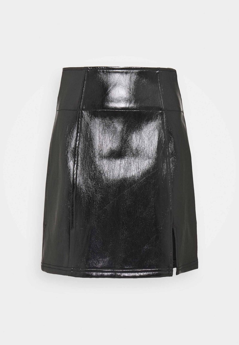 Black mini skirt made of glossy material, featuring a zipper slit on the right side and structured seams. Smooth texture and sleek design.
