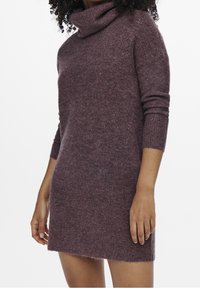 Sweater dress in a deep mauve, featuring a loose cowl neckline and long sleeves. Soft, textured knit material with a relaxed fit.
