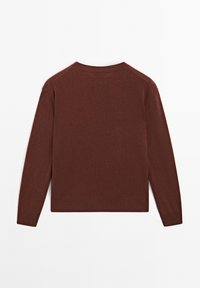 Brauner Wollpullover mit Rundhalsausschnitt, langen Ärmeln und geripptem Saum. Verfügt über eine glatte Textur und eine einheitliche Farbe ohne Muster oder Akzente.