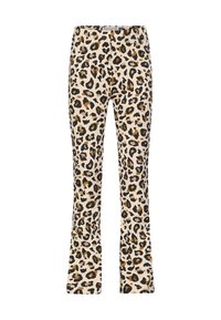 Beige flared pants met luipaardprint, featuring een zwart en bruin patroon. Gemaakt van rekbare stof met een comfortabele elastische tailleband.