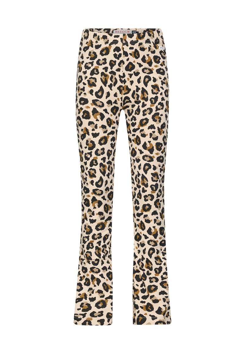 Beige flared pants met luipaardprint, featuring een zwart en bruin patroon. Gemaakt van rekbare stof met een comfortabele elastische tailleband.