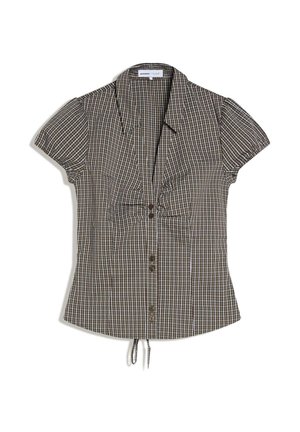 Kurzärmlige Bluse mit braun-weißem Karomuster, Kragen, Knopfleiste vorne, gerafftem Brustbereich und verstellbarem Kordelzugsaum.