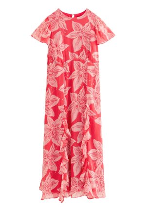 Rotes Maxikleid mit großem, hellrosa Blumenmuster, kurzen, flatternden Ärmeln, rundem Ausschnitt und gerafften Details an der Vorderseite.