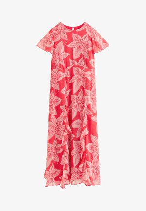 Rotes Maxikleid mit großem, hellrosa Blumenmuster, kurzen, flatternden Ärmeln, rundem Ausschnitt und gerafften Details an der Vorderseite.