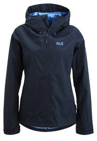 Veste imperméable bleu marine avec capuche, fermeture éclair intégrale à l'avant, poignets réglables et doublure bleu clair, arborant le logo Jack Wolfskin sur la poitrine.