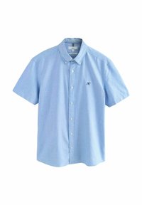 Chemise à manches courtes bleu clair à bouton en coton tissé. Présente un col et un petit logo brodé sur la poitrine.