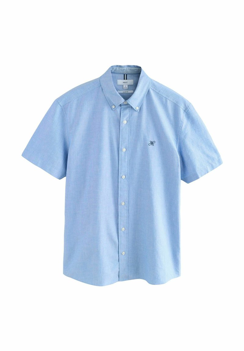 Chemise à manches courtes bleu clair à bouton en coton tissé. Présente un col et un petit logo brodé sur la poitrine.
