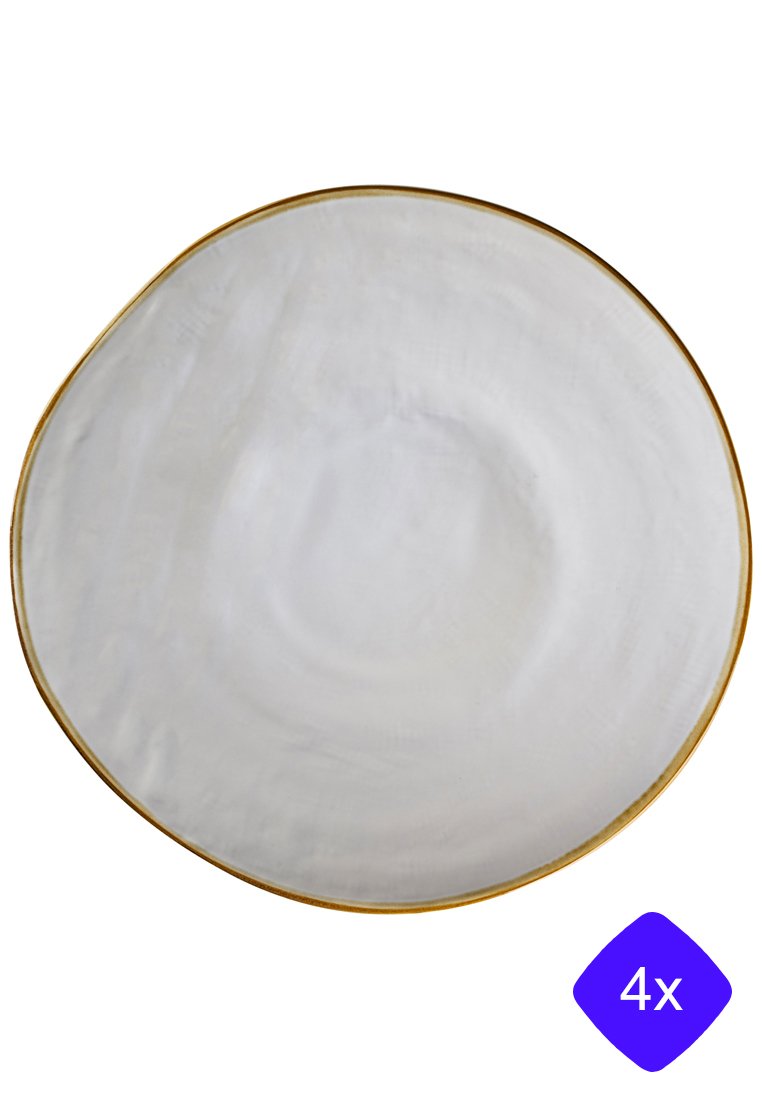Runder weißer Keramikteller mit strukturierter Oberfläche und goldenem Rand. Der Hintergrund zeigt ein lila Symbol, das ein Set von vier anzeigt.