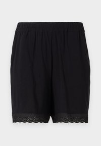Black cotton shorts with an elastic waistband and scalloped hem featuring perforated detailing at the edges. Soft and lightweight fabric.