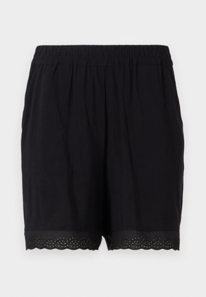 Shorts neri in cotone con elastico in vita e orlo scallopato, caratterizzati da dettagli perforati ai bordi. Tessuto morbido e leggero.
