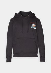 Sweat à capuche noir en tissu doux, avec une poche avant, une capuche à cordon et un motif brodé coloré d'un personnage sur la poitrine.