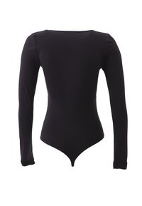 Zwart langdriekst bodysuit gemaakt van rekbare stof, met een vierkante halslijn en een hoge beenuitsnijding. Gladde textuur zonder zichtbare hardware.