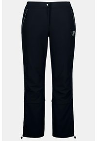 Černé venkovní kalhoty vyrobené z pružné tkaniny, s bočními kapsami na zip a nastavitelnými manžetami s šňůrkami pro přizpůsobitelné padnutí.